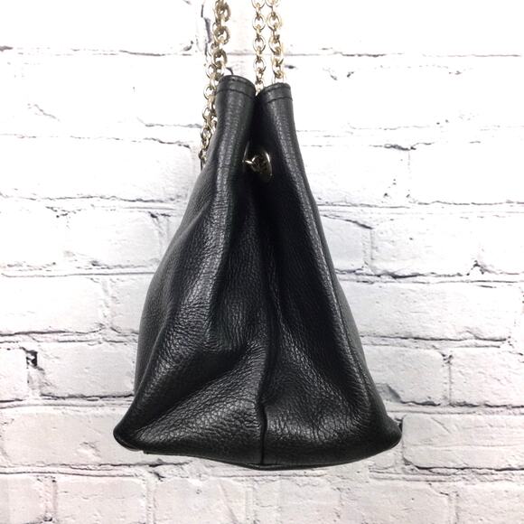 Doncastor Pebbled Leather Chain Link Double Handle Lined Black Bucket Handbag - Picture 5 of 16